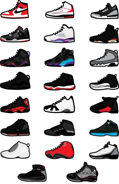 Une collection de baskets iconiques Jordan présentées dans divers styles et couleurs.