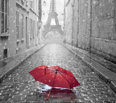 Red Umbrella on Rainy Paris Street with Eiffel Tower