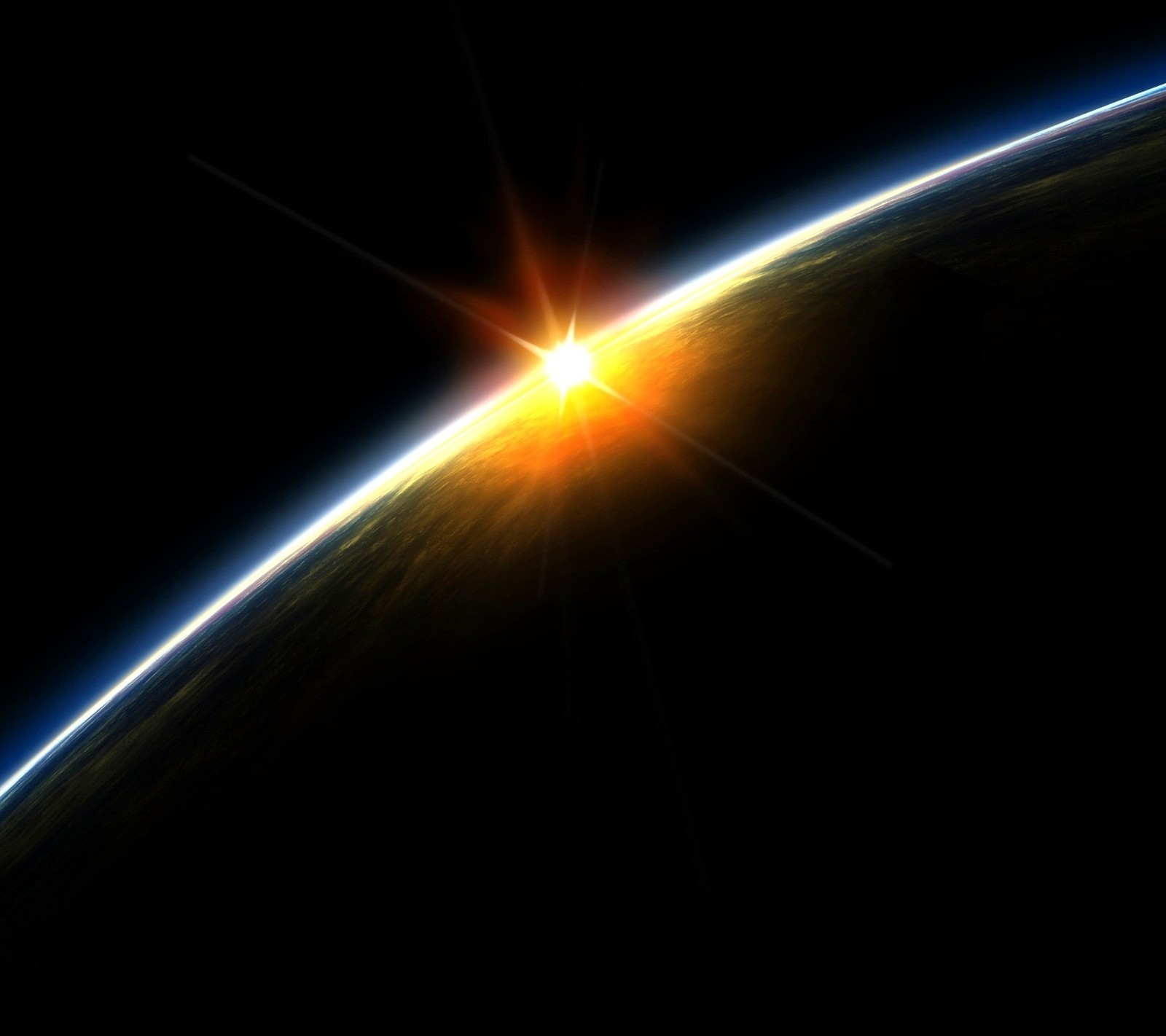 Vue du soleil se levantant au-dessus de la terre depuis l'espace (terre, lumière, nature, extérieur, espace)