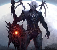 A dark, armored figure with white hair and menacing wings stands wielding a heavily adorned shield, set against a full moon backdrop.