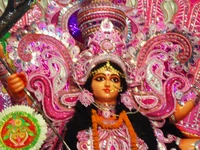 Vibrant Durga Idol Adorned for Pooja Celebrations