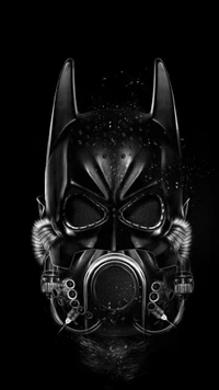 Masque à gaz sombre et énigmatique ressemblant à un casque inspiré des chauves-souris, sur un fond noir éclatant.