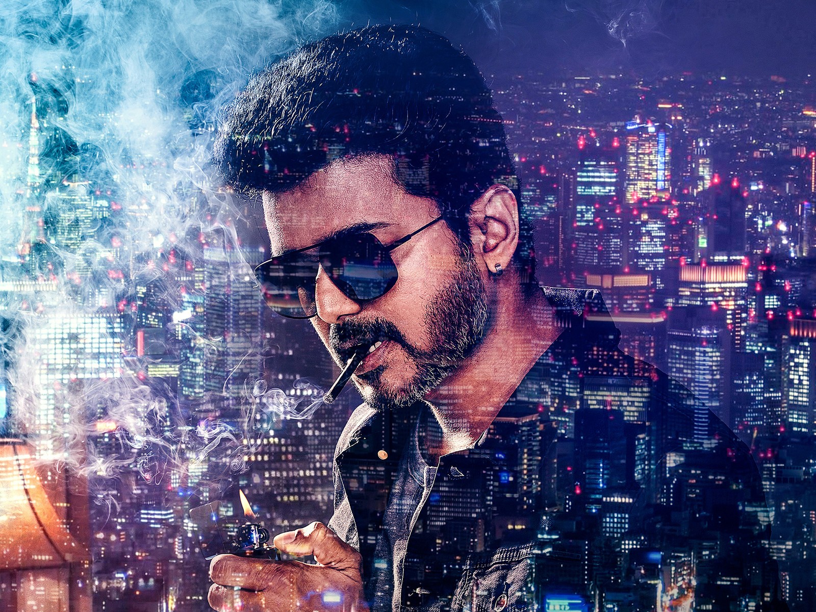 A man smoking a cigarette in a city at night (thalapathy vijay, sarkar, samrat, superstar)