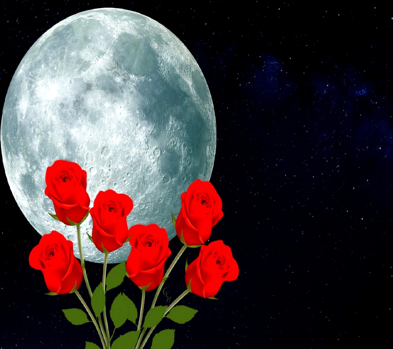 There are roses in a vase with a full moon in the background (month and roses)