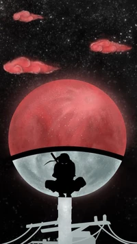 Itachi Uchiha, silhuetado contra uma lua vermelha estilizada, cercado por nuvens, incorporando a essência do mundo ninja de Naruto.