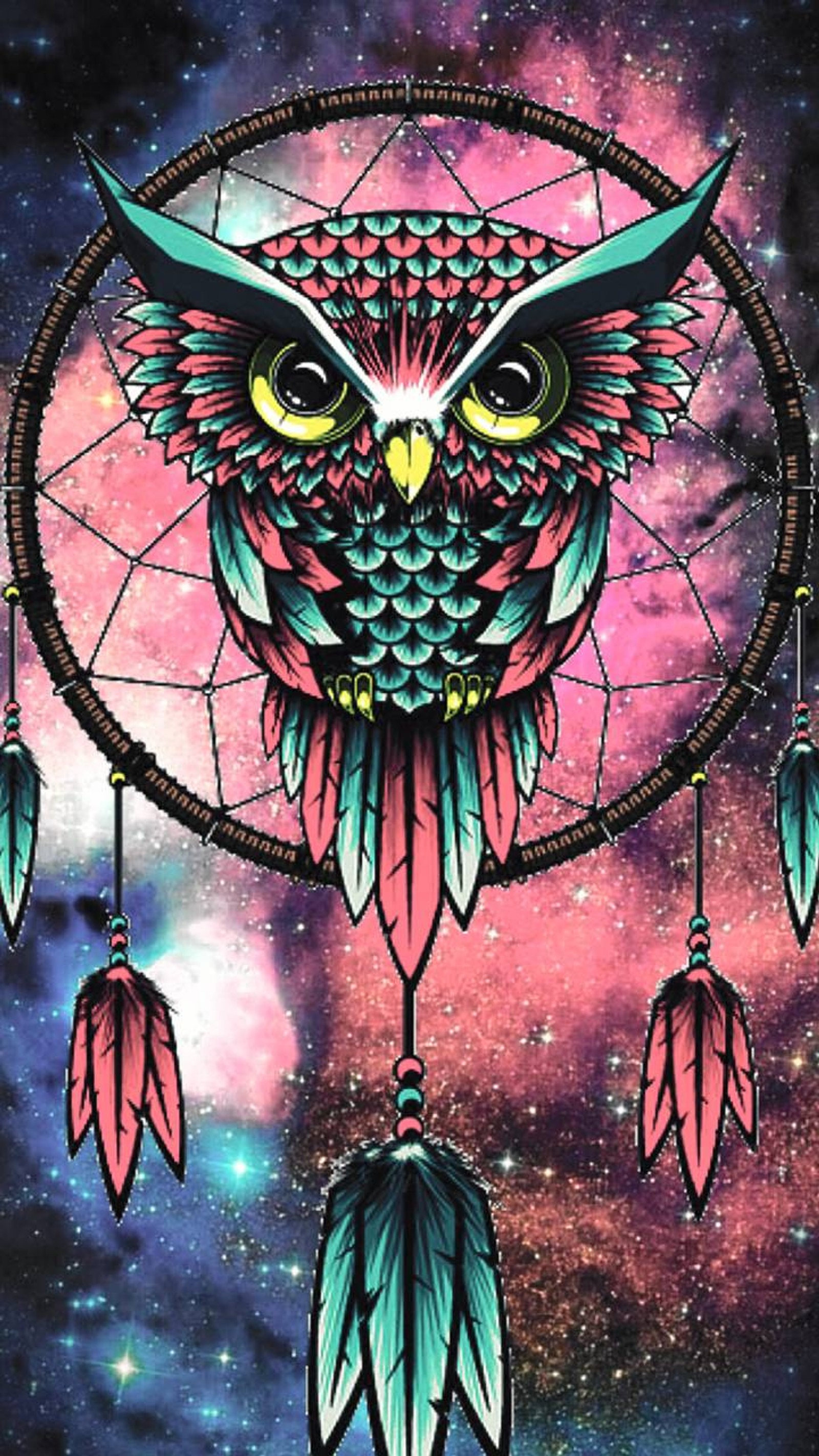 A colorful owl with feathers and a dream catcher on a galaxy background (dream, owl, owls)