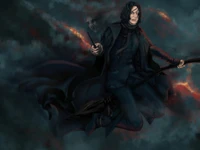 O professor Severus Snape voa através de uma escuridão mítica