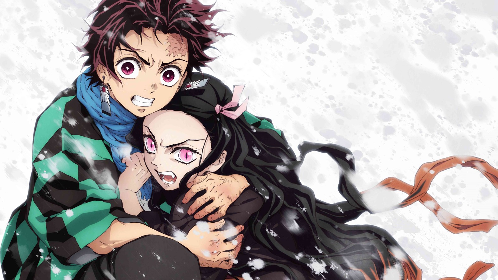 Pareja de anime abrazándose en la nieve con un gato en su hombro (tanjirou kamado, nezuko kamado, kimetsu no yaiba, anime)