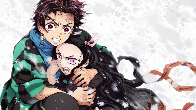 Аниме-пара обнимается в снегу с кошкой на плече (tanjirou kamado, nezuko kamado, kimetsu no yaiba, аниме, anime)