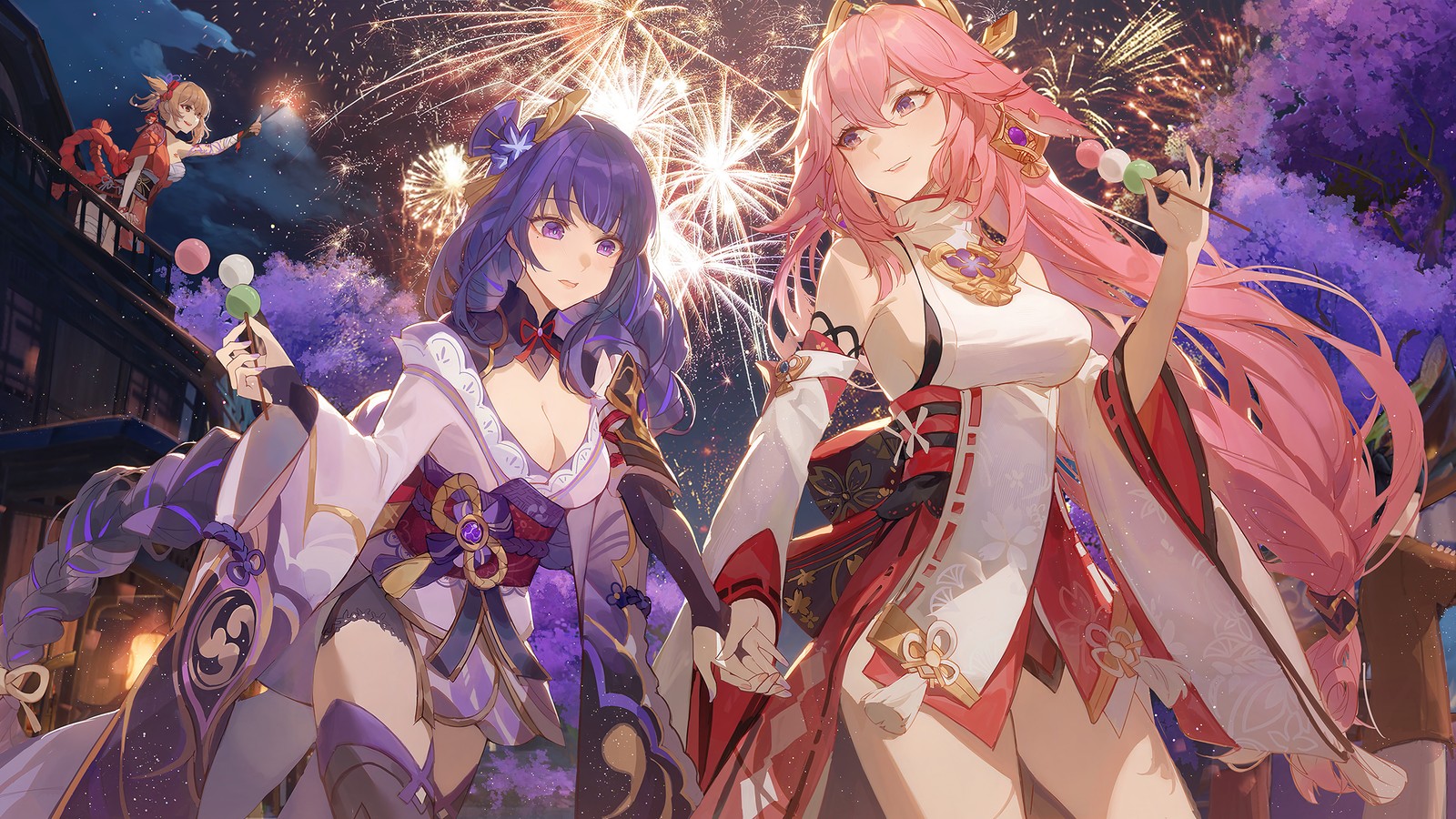 Deux filles anime en costumes avec des feux d'artifice en arrière-plan (raiden shogun, yae miko, genshin impact, jeu vidéo)