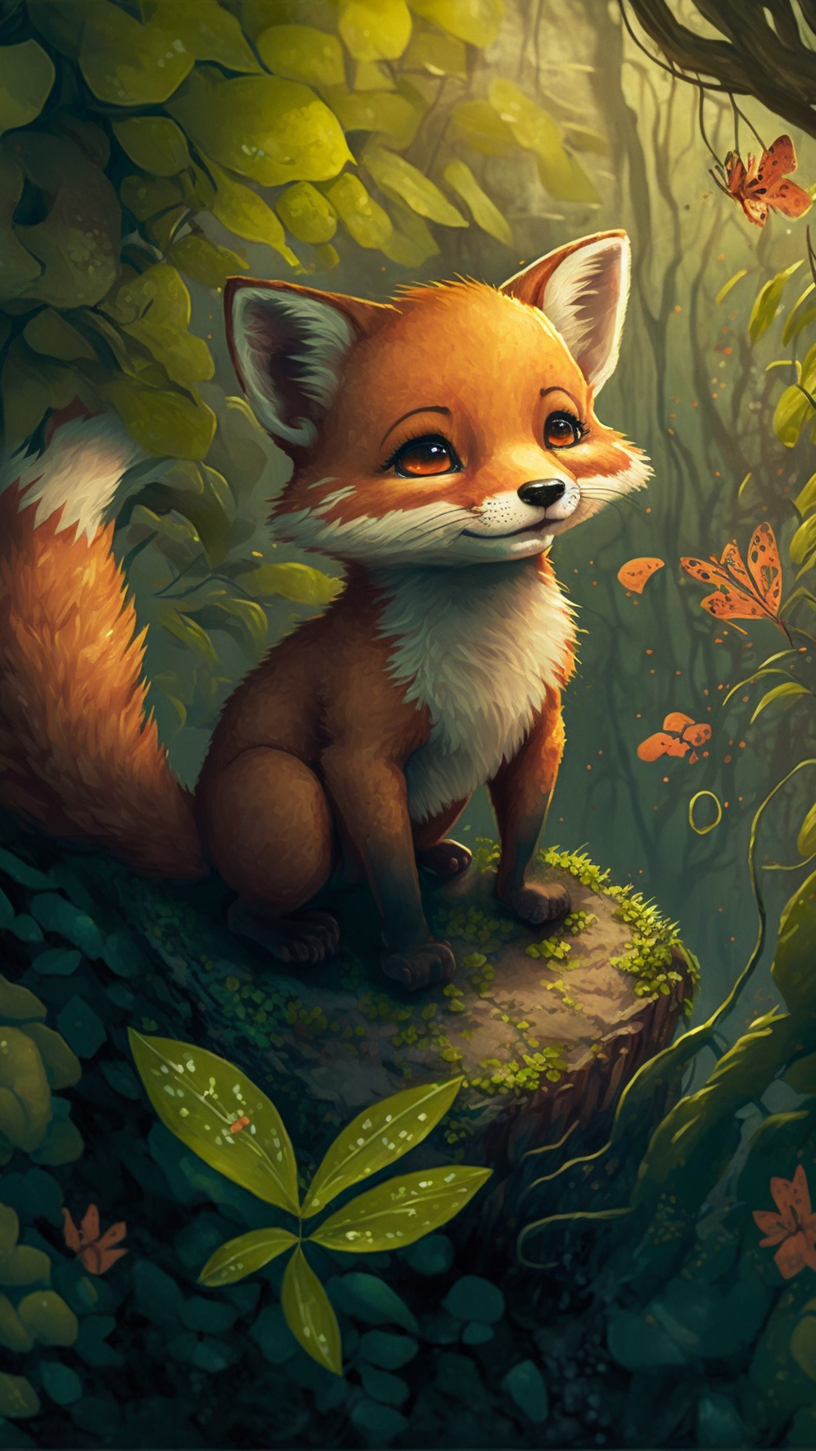 There is a painting of a fox sitting on a rock in the woods (terrestrial animal, drawing, visual arts, cartoon, plant)