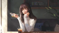 Fille d'anime avec des lunettes appréciant une boisson dans un café confortable