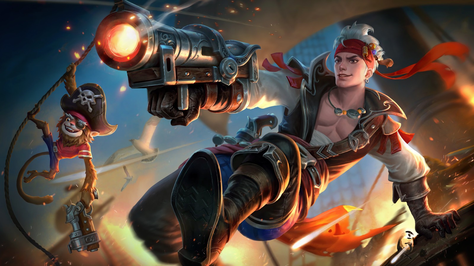 Una mujer en un disfraz de pirata sosteniendo un arma y un arma (claude, plunderous pirate, piel, mobile legends, ml)