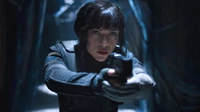 Scarlett Johansson as Major Kusanagi in a tense moment from "Ghost in the Shell.