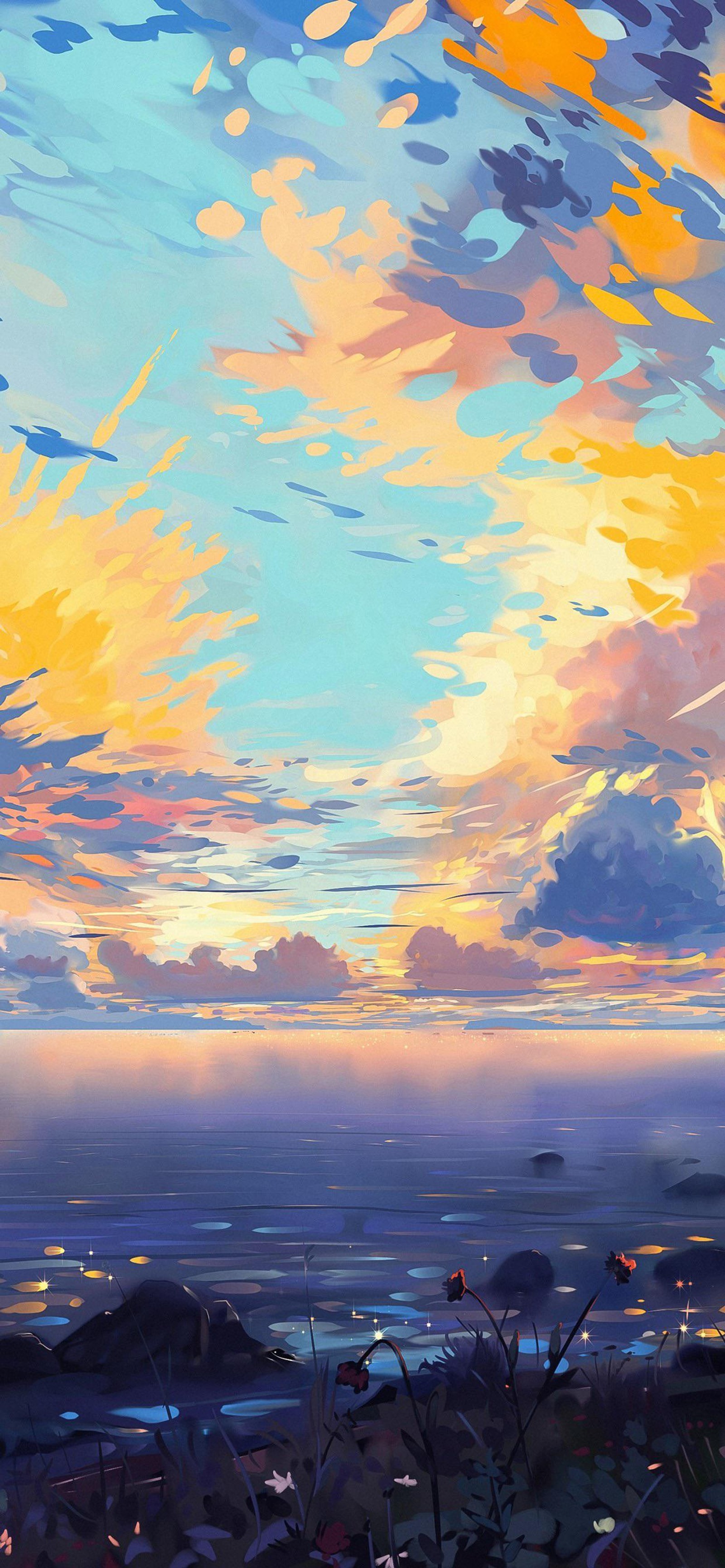 Pintura de un atardecer sobre un cuerpo de agua con un pájaro volando en el cielo (anime, nube, agua, atmósfera, día)