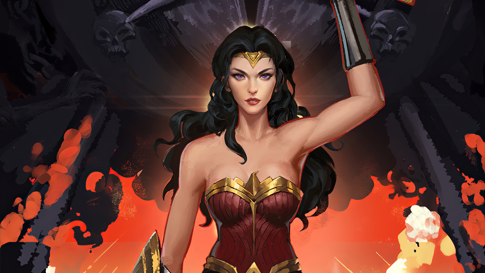 Wonder wonder woman with sword and armor in front of a fire (wonder woman, dc comics, comics, art, superhero)