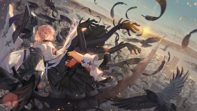 Fantasy Anime Girl Surrounded by Crows in an Ethereal Landscape