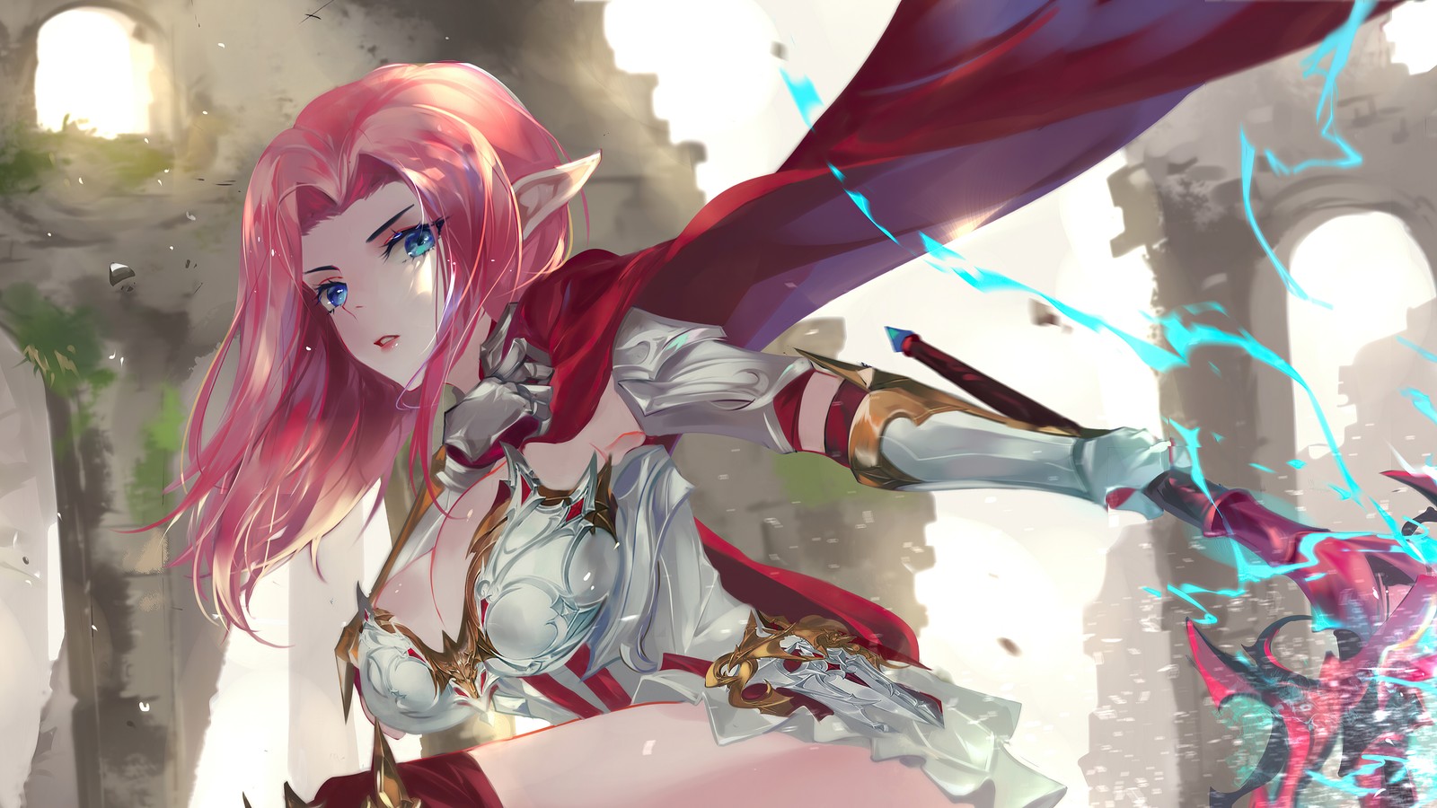 A woman with pink hair and a sword in a castle (anime girls, fantasy, elf, warrior, pink hair)