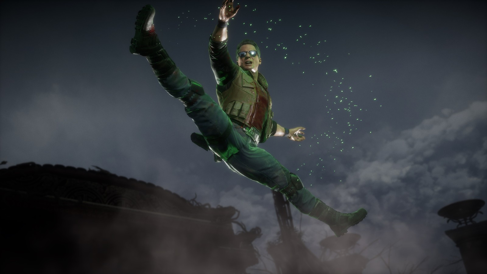 Un hombre árabe en pantalones verdes y camisa verde volando por el aire (johnny cage, mortal kombat 11, videojuego)