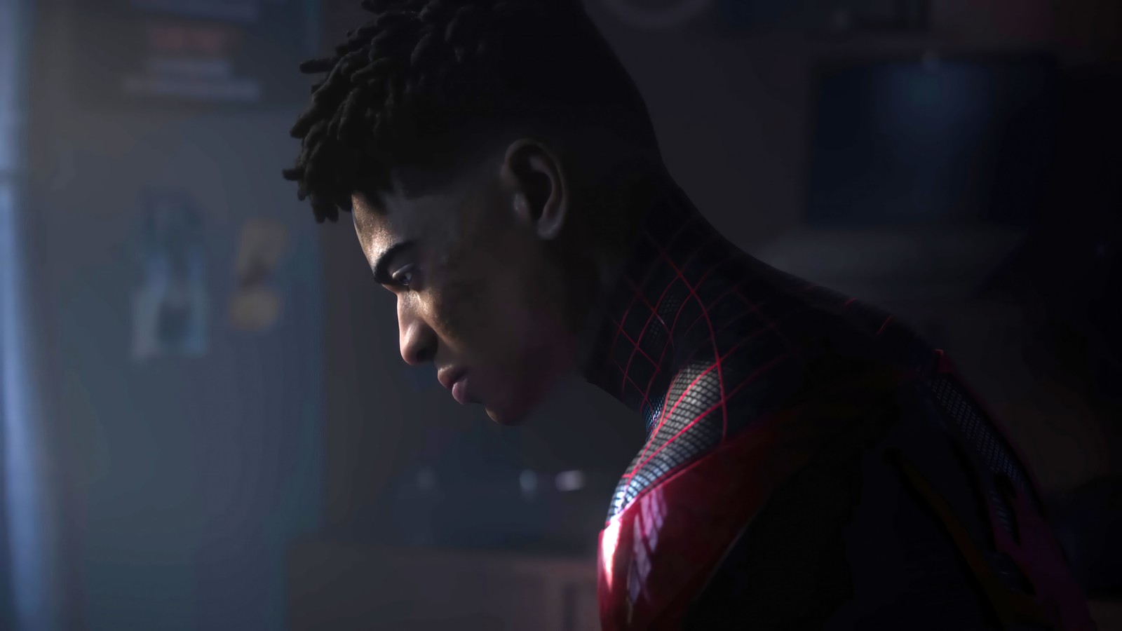 Spider-man dans l'obscurité avec un costume rouge et noir (miles morales, marvel spider man 2, marvels spider man 2, jeu vidéo, spiderman)