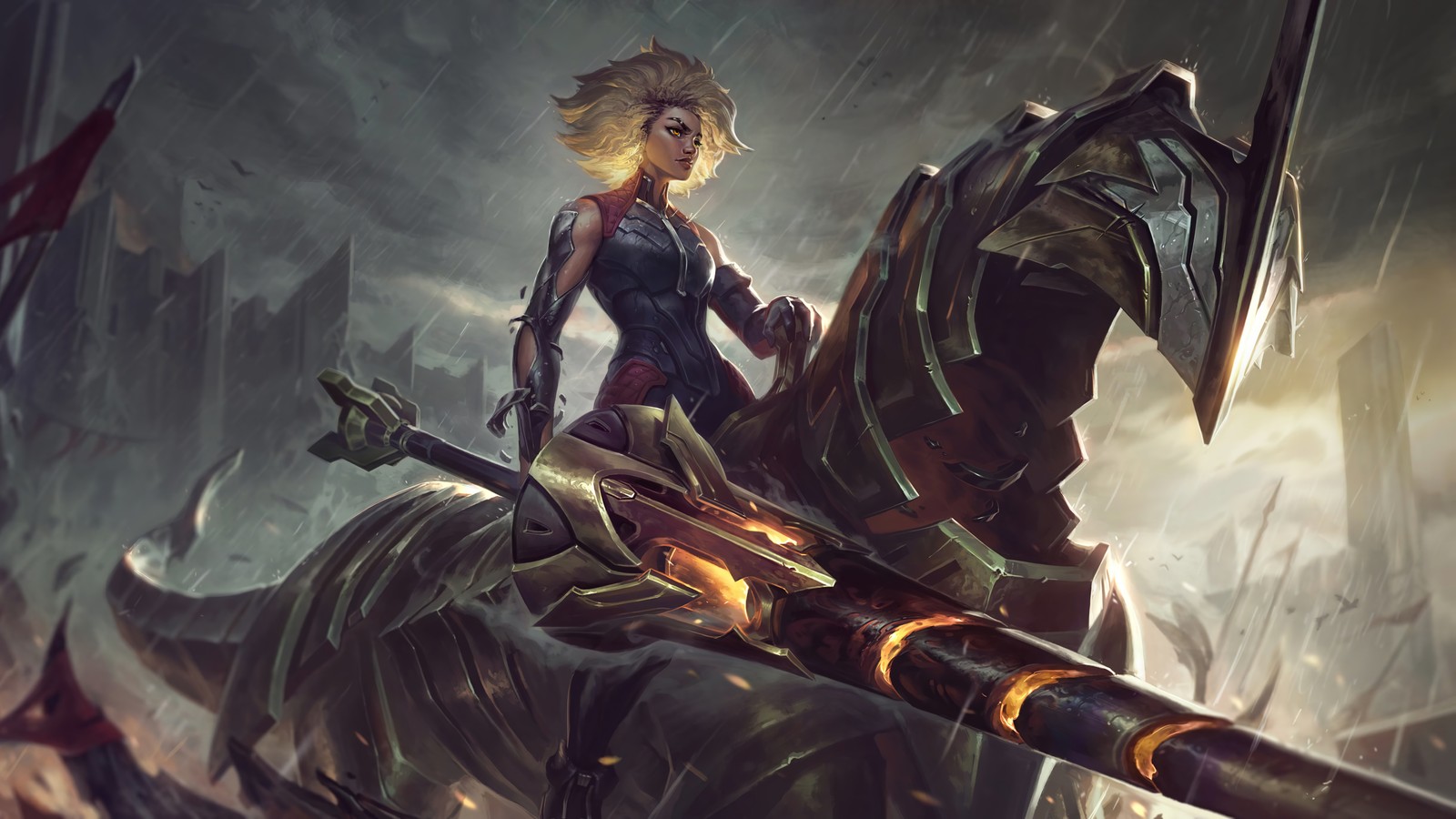 A close up of a woman riding a horse with a sword (rell, splash art, lol, video game, league of legends)