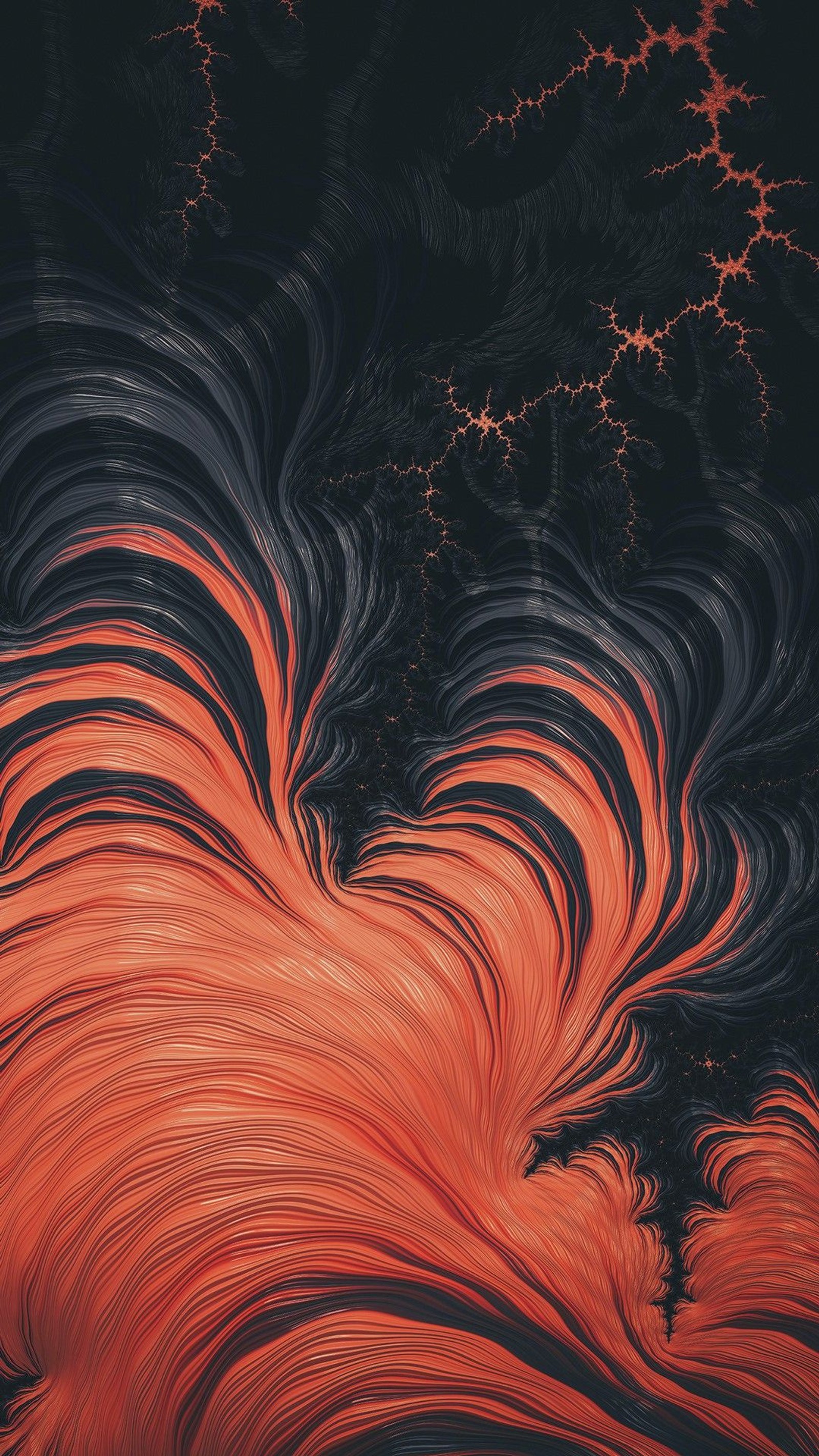 Abstract painting of a red and black swirl with a black background (marble, lava, orange, red, art)