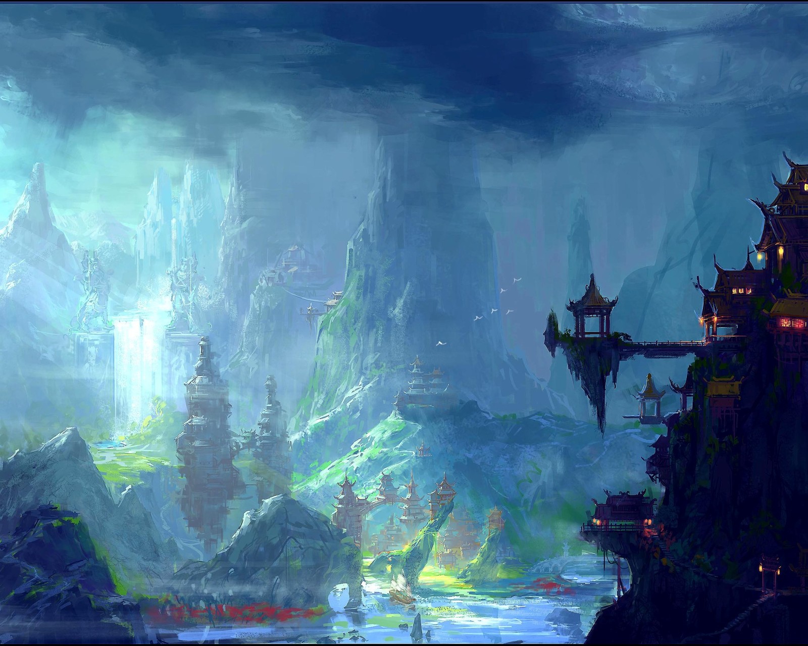 Une peinture d'un château sur une falaise avec une rivière en dessous (peinture, paysage, atmosphère, nature, anime)