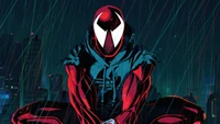 Scarlet Spider em uma paisagem urbana chuvosa de "Spider-Man: Através do Spider-Verse