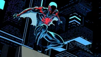 Spider-Man 2099 posado en un paisaje urbano futurista, mostrando un estilo de arte de cómic dinámico.