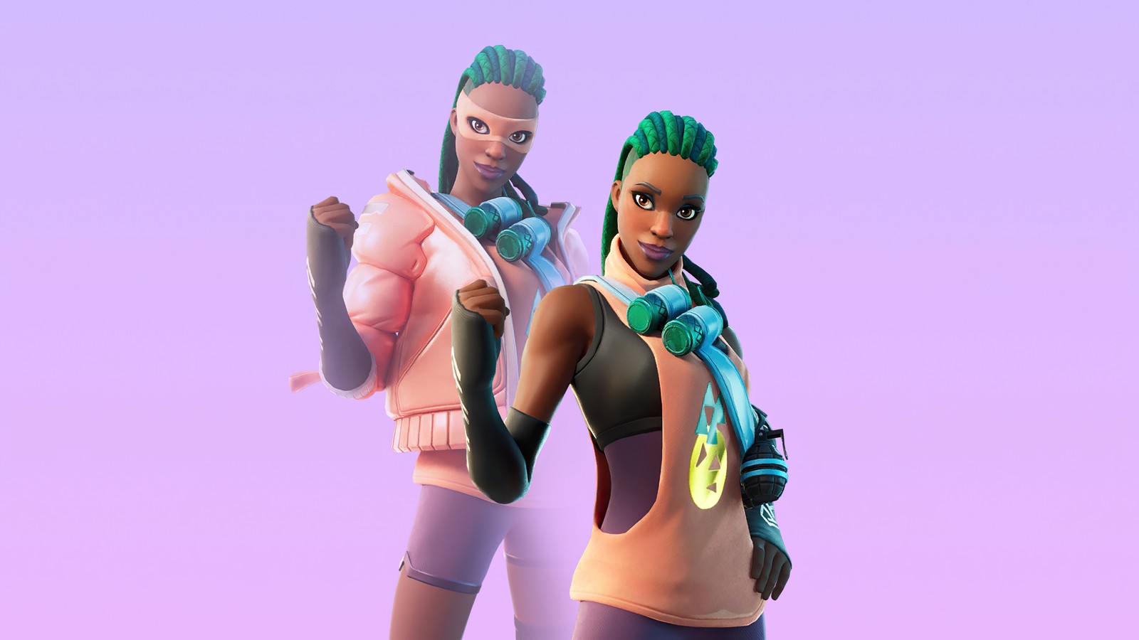 Two women in a pink outfit and a black top are standing (fortnite, fortnite battle royale, video game, zina, skin)