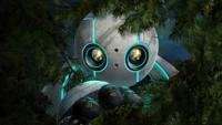 A curious robot peeks through lush foliage, illuminated by glowing eyes, in a vibrant animated forest setting.