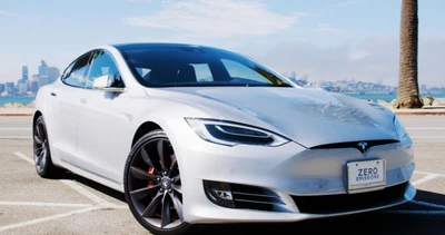 Tesla Model S: Un elegante sedán eléctrico de lujo sin emisiones junto a la bahía