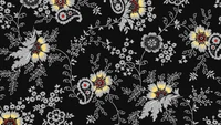 Design floral noir et blanc avec des fleurs sauvages et des motifs botaniques complexes sur un fond sombre.