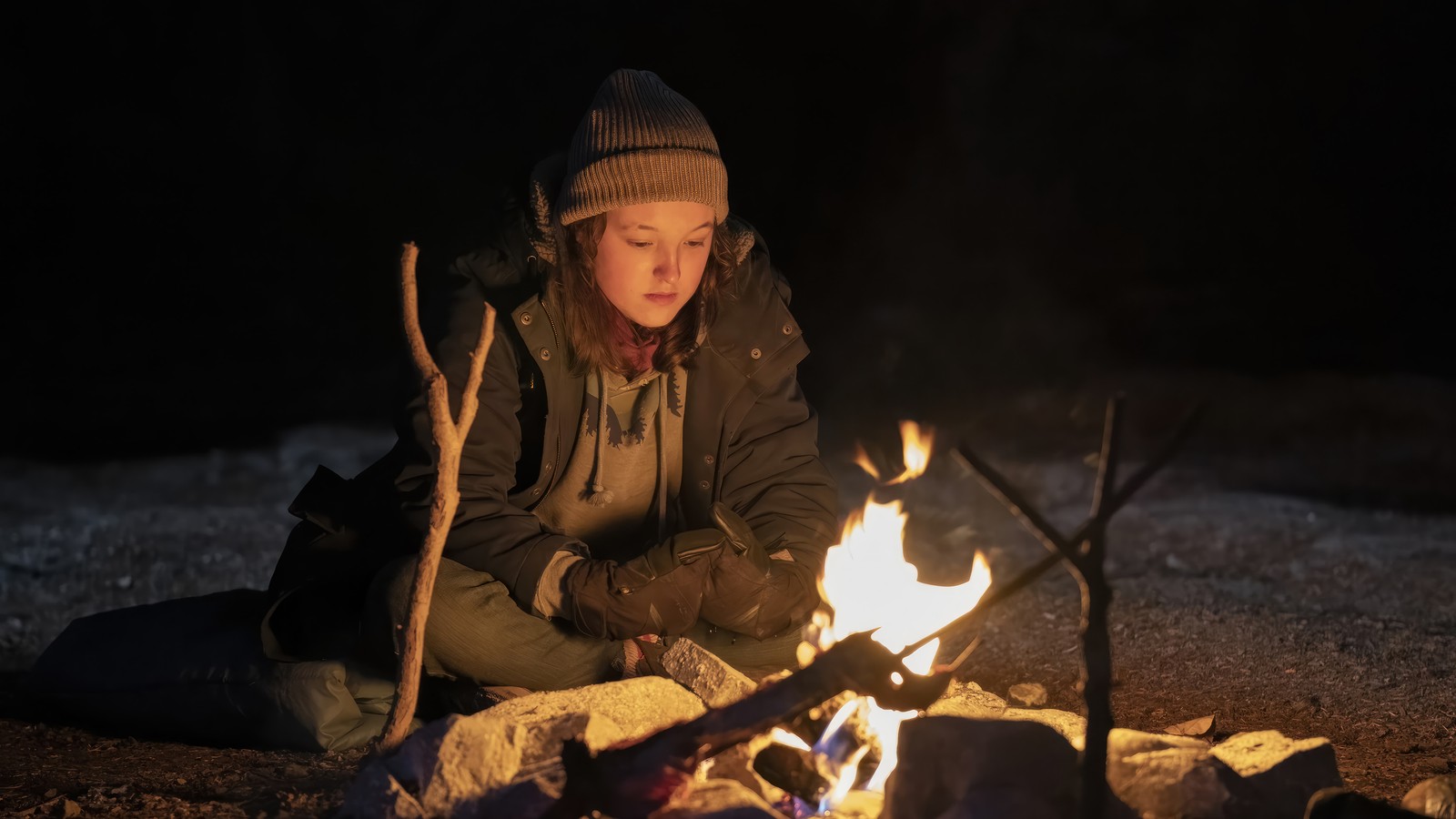 Arafed woman sitting by a campfire with a stick in her hand (ellie, the last of us series, tv series, hbo max, the last of us)