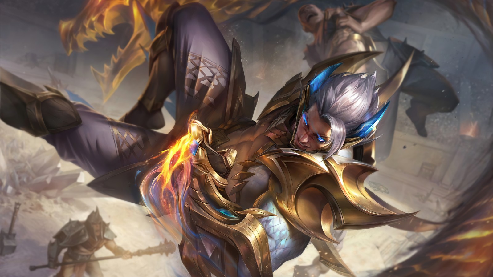 A close up of a person with a sword and a fire (obsidian dragon, sett, prestige edition, lol, league of legends)