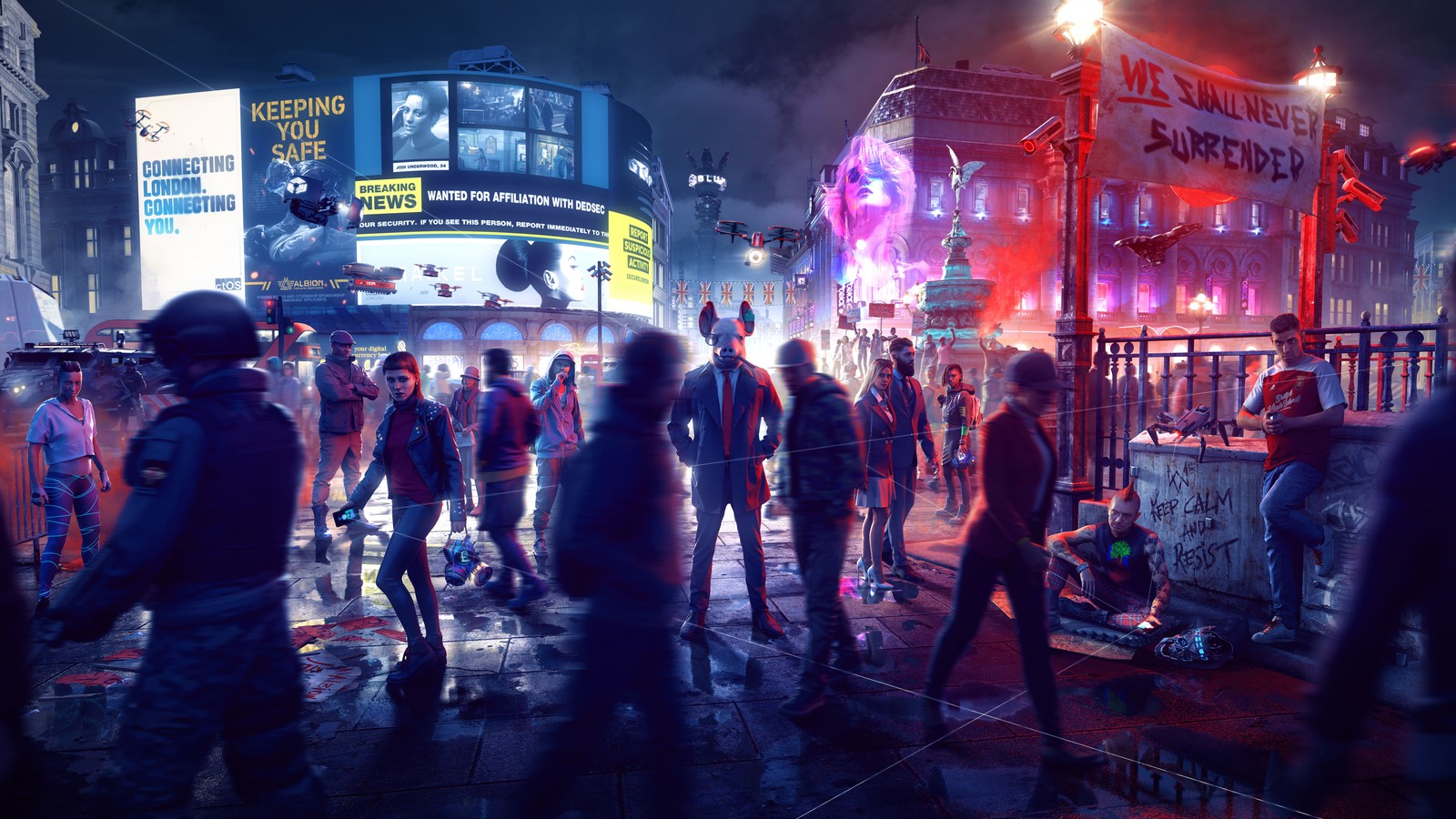 Un groupe de personnes marchant dans une rue la nuit avec des lumières au néon (watch dogs legion, jeu vidéo, watch dogs 3)