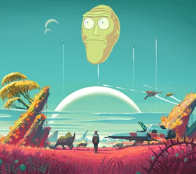 Aventura cósmica com Morty e Rick em uma paisagem alienígena vibrante