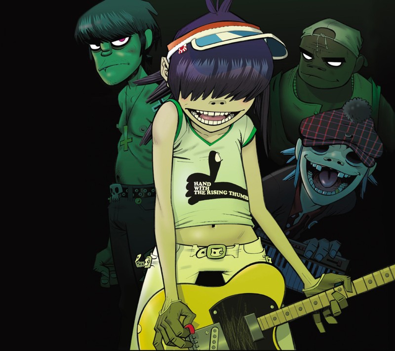 Personajes de anime con una guitarra y un zombi de fondo (ehraert, erhearf)