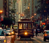 Busy City Traffic with Trolley on Steep Street