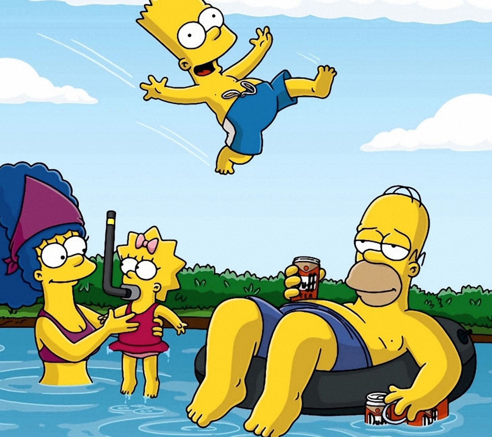 La familia simpson en el agua con un hombre flotando en el aire (asombroso, amor)