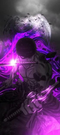 Roronoa Zoro aus One Piece in einer dynamischen Pose vor einem lebhaften Wirbel aus lila, violetten und magentafarbenen Tönen, mit einem elektrischen blauen Akzent und einem dramatischen mondbeschienenen Hintergrund.