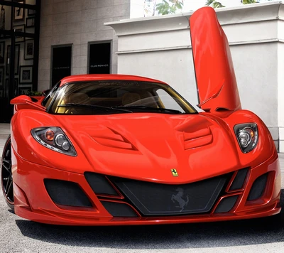 Sleek Red Ferrari with Open Door Displaying Luxury and Performance