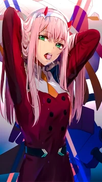 Zéro Deux de "Mon Chéri dans le Franxx" avec une expression espiègle, portant son uniforme rouge emblématique et ses cheveux roses éclatants, sur un fond vibrant.