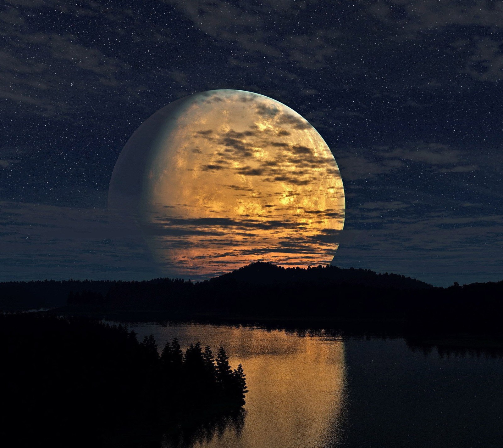 Скачать обои full moon shining, in the river, природа