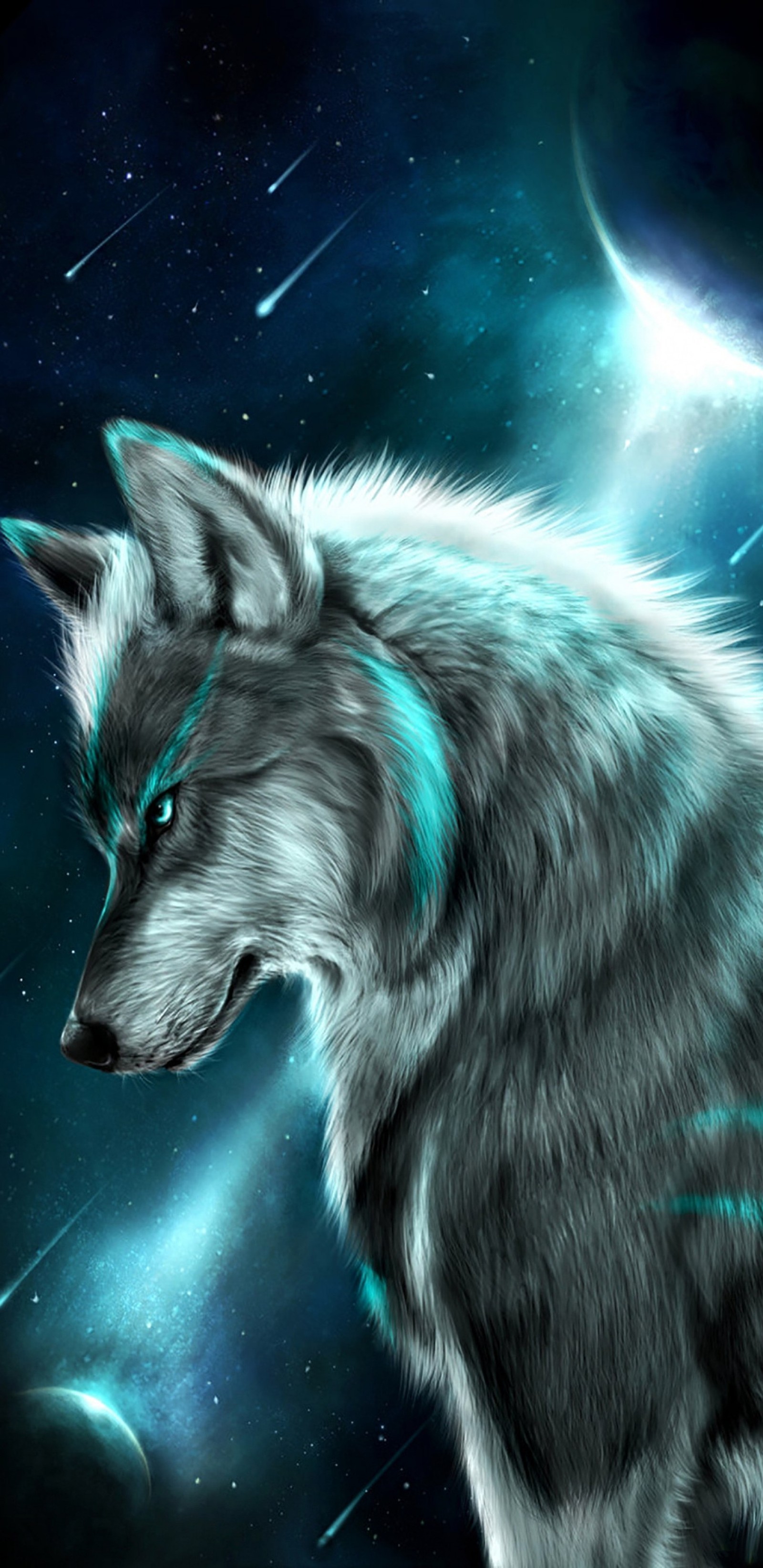 Wolf with blue eyes and stars in the background (moon, wolf, wolves)