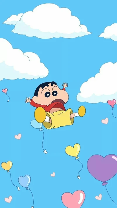 Shinchan flutuando entre balões coloridos em um céu brilhante