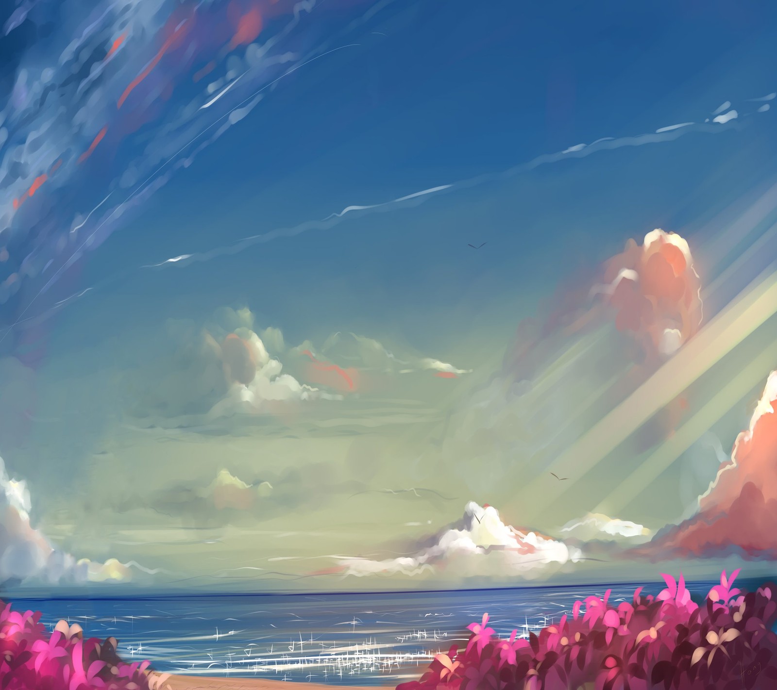 Pintura de una escena de playa con una planta de flores rosadas y un cielo azul (arte, playa, dibujo, naturaleza)