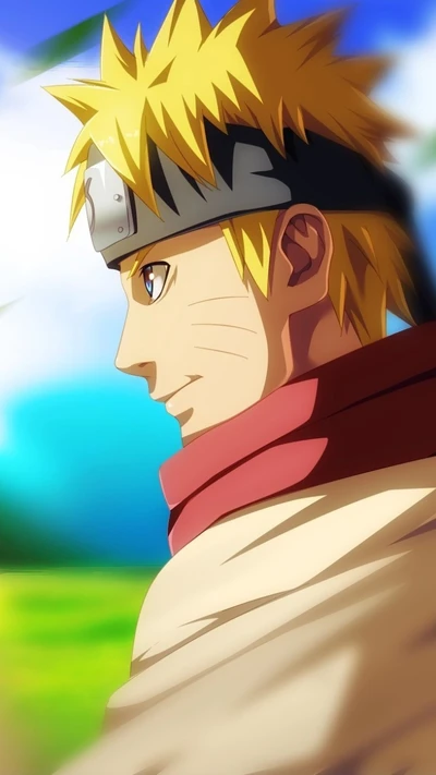 Naruto Uzumaki in a determined pose, showcasing his iconic headband and scarf against a vibrant landscape.