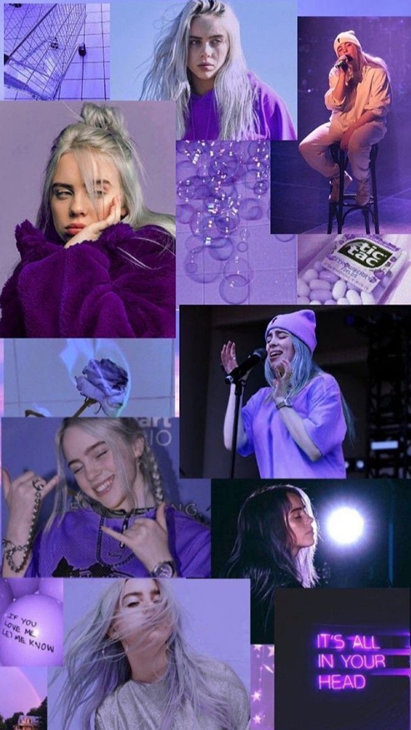 Un collage de fotos de una mujer con cabello púrpura y un atuendo púrpura (hermoso, billie eilish, cómic, violette, fondo de pantalla)