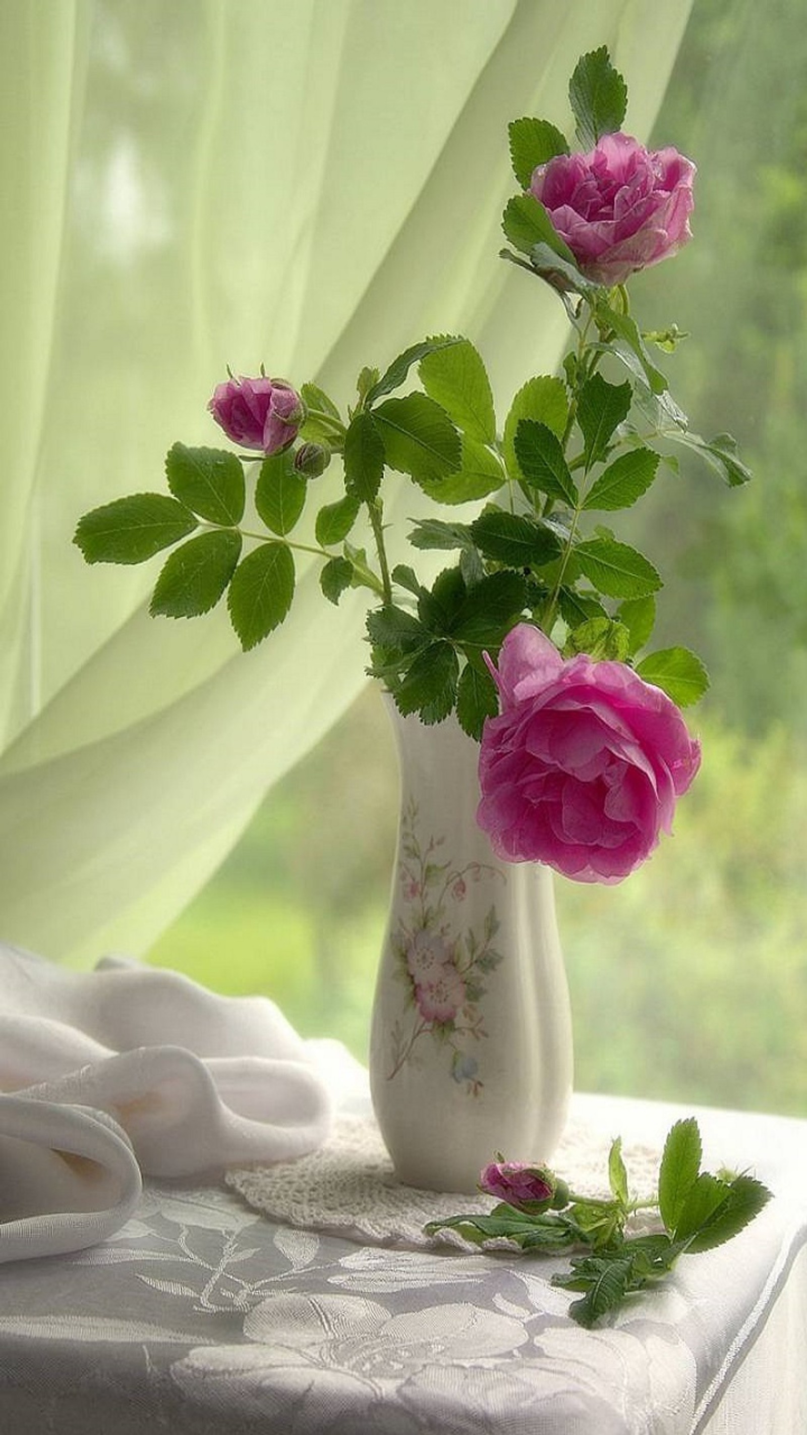 Hay un jarrón con flores rosas en una mesa junto a una ventana (flores, rosas)